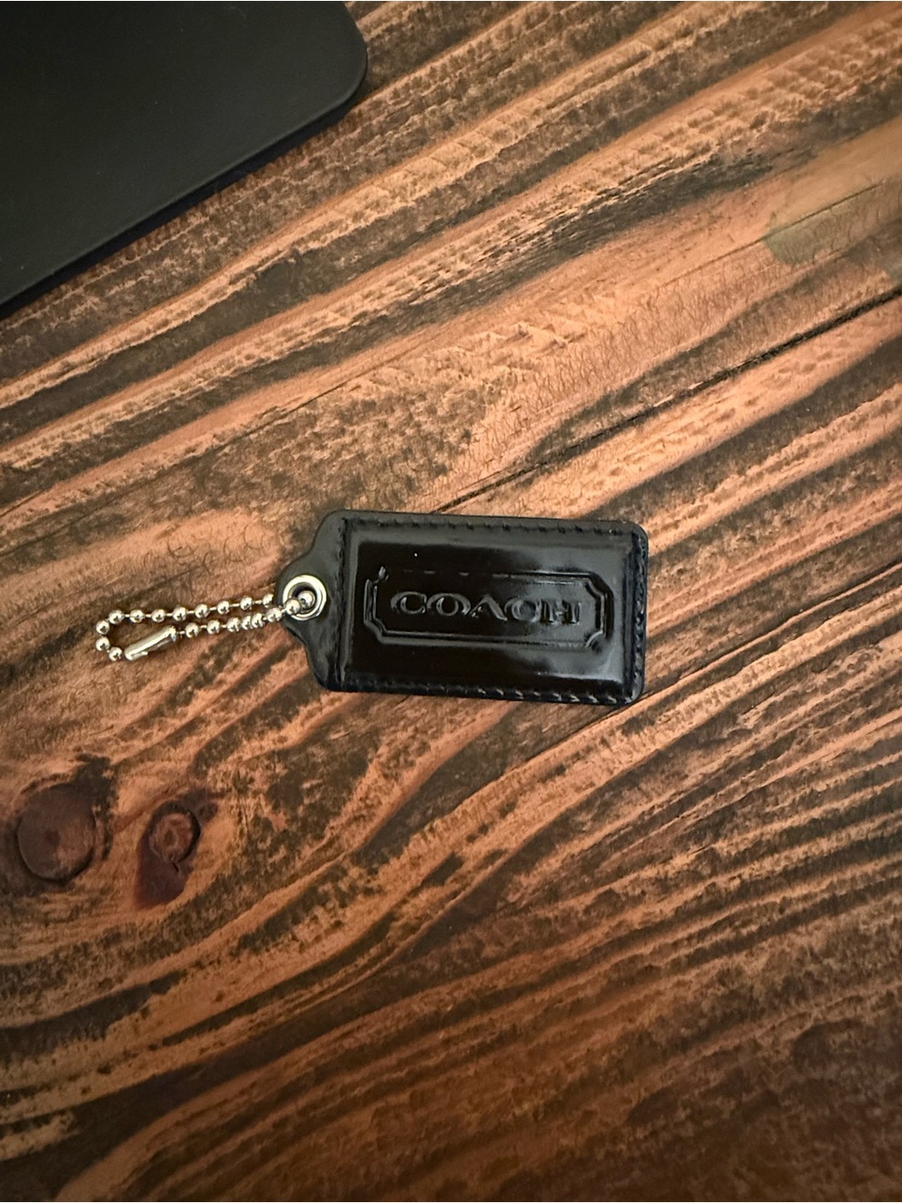 Coach Black Patent Leather Hang Key Tag with Silver Chain
